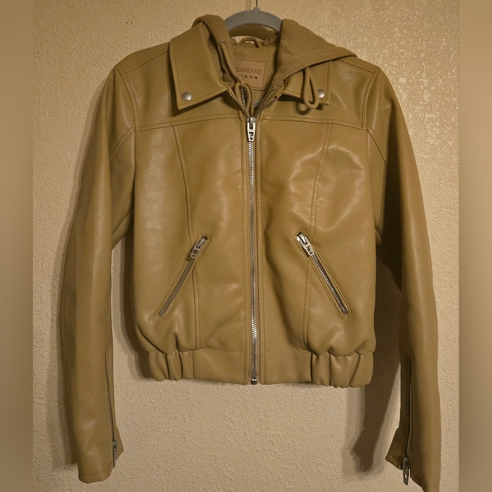 Blank NYC Olive Faux Leather Bomber Jacket with Hood